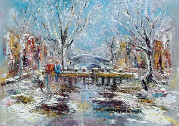 Snow-covered landscape with bare trees, a bridge in the distance, and figures walking along a path, evoking Irish Christmas C