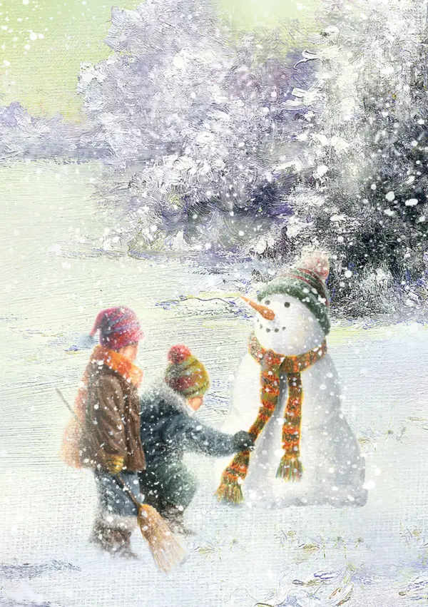 Two children in winter clothing decorate a snowman with a scarf and hat, surrounded by falling snow and frosty trees