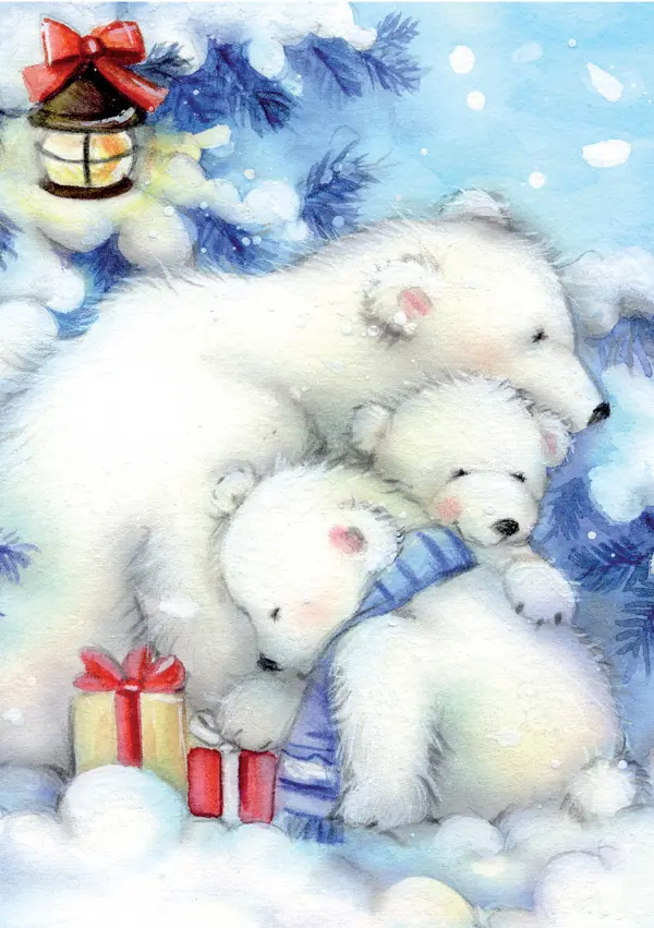 Three fluffy polar bear cubs snuggle together in snow, surrounded by gifts and a lantern, evoking a cozy Christmas scene