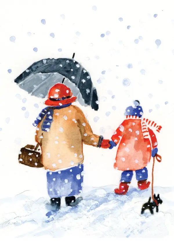 Two figures in winter clothing hold hands under an umbrella, walking through falling snow with a small dog on a leash