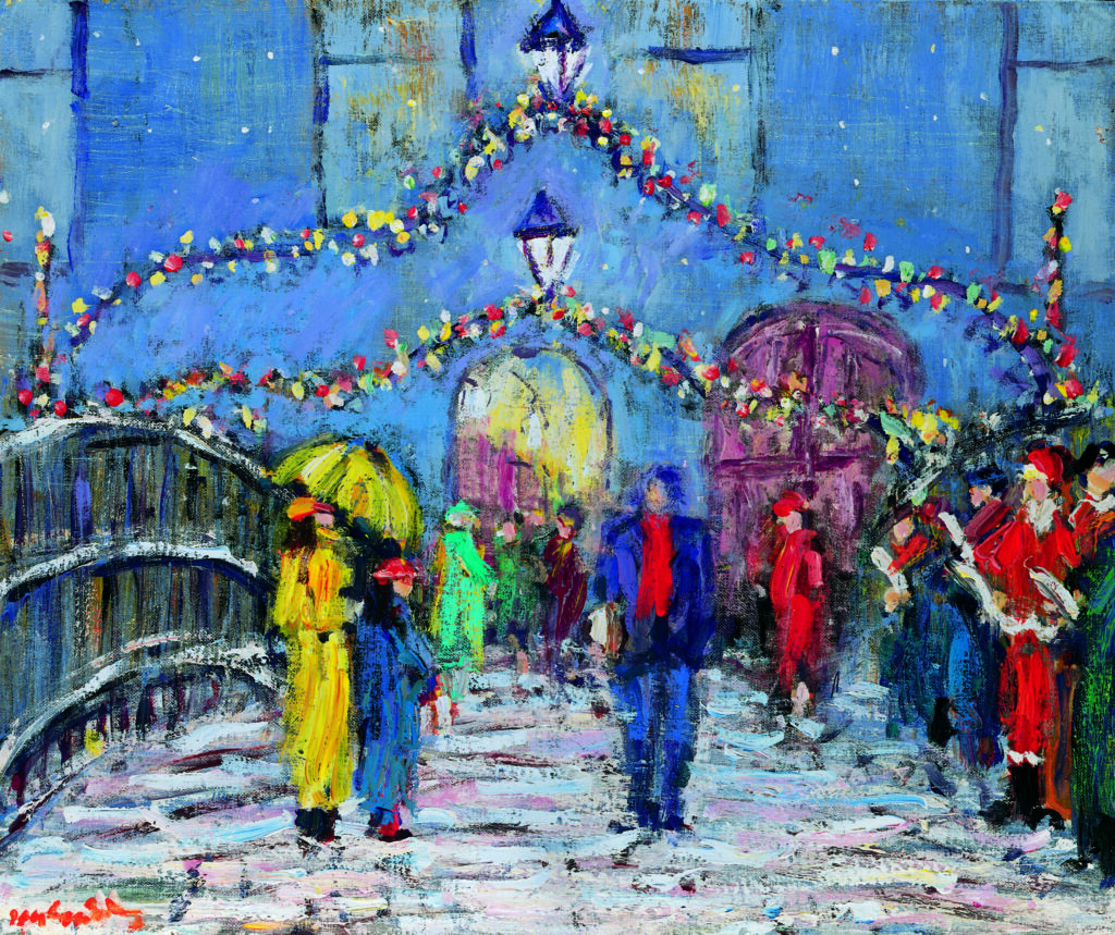 Colorful scene of Ha'penny Bridge at night, with people in vibrant clothing and festive lights adorning the bridge