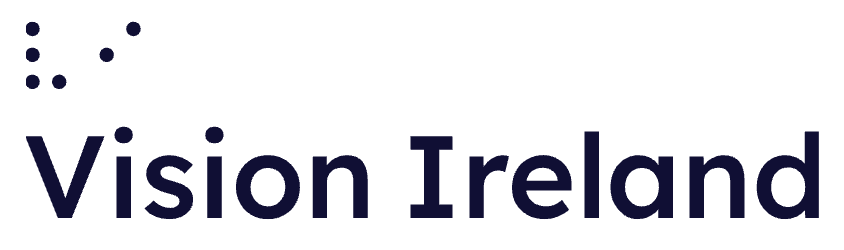 Logo of Vision Ireland featuring dark blue text with raised dots, representing a charity supporting Irish Christmas cards