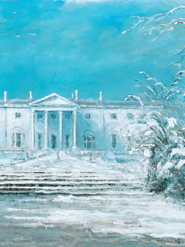 Snow-covered steps lead to Áras an Uachtaráin, framed by frosty trees under a bright blue sky, evoking a winter scene