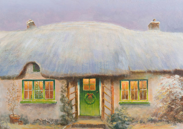 Thatched cottage with a green door, festive wreath, and warm glowing windows, set against a soft, pastel sky