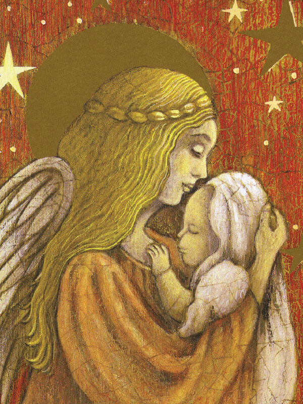 An angel with long, golden hair embraces a child, both surrounded by a starry background in warm colors