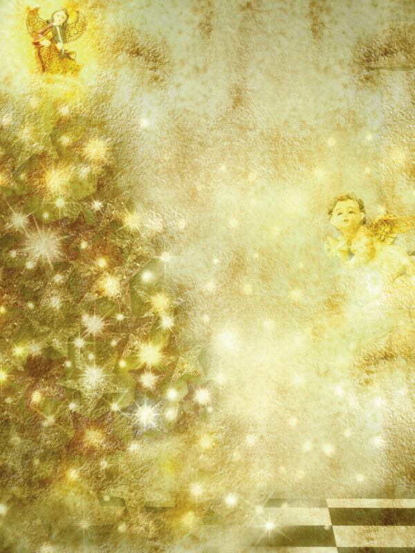 A shimmering golden Christmas tree with an angel at the top and a cherub nearby, creating a festive atmosphere