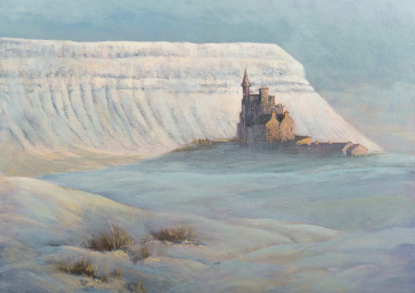 Snow-covered landscape featuring Ben Bulben mountain with a distant castle and soft, muted colors in the sky