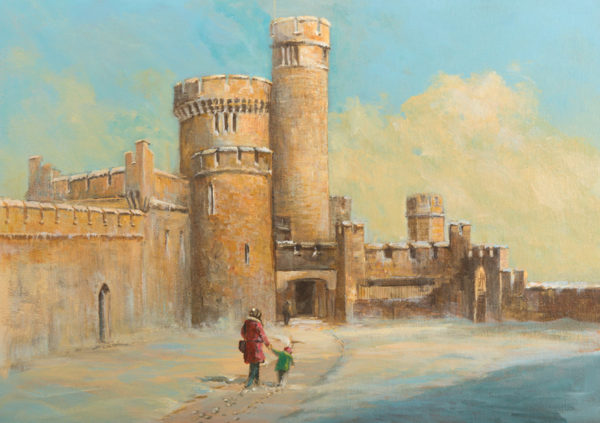 A winter scene featuring Blackrock Castle, with two figures walking on a snowy path under a blue sky, evoking a Christmas car