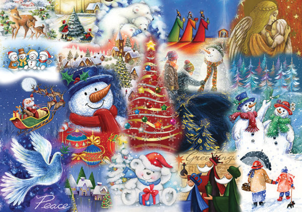 Colorful Christmas collage featuring snowmen, a Christmas tree, angels, and winter scenes with festive decorations and greeti