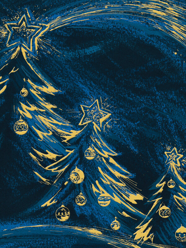 Two stylized Christmas trees with star tops and ornaments, set against a deep blue night sky, for a Christmas card design