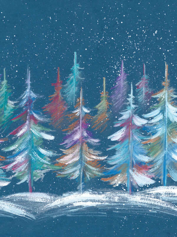 Colorful trees in shades of green, blue, and pink against a dark blue background with falling snowflakes, ideal for a Coloure