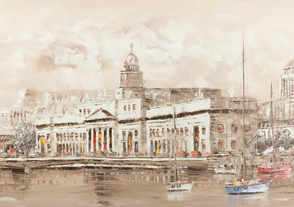 Custom House on the Liffey depicted in soft colors, with boats in the foreground and a cloudy sky above