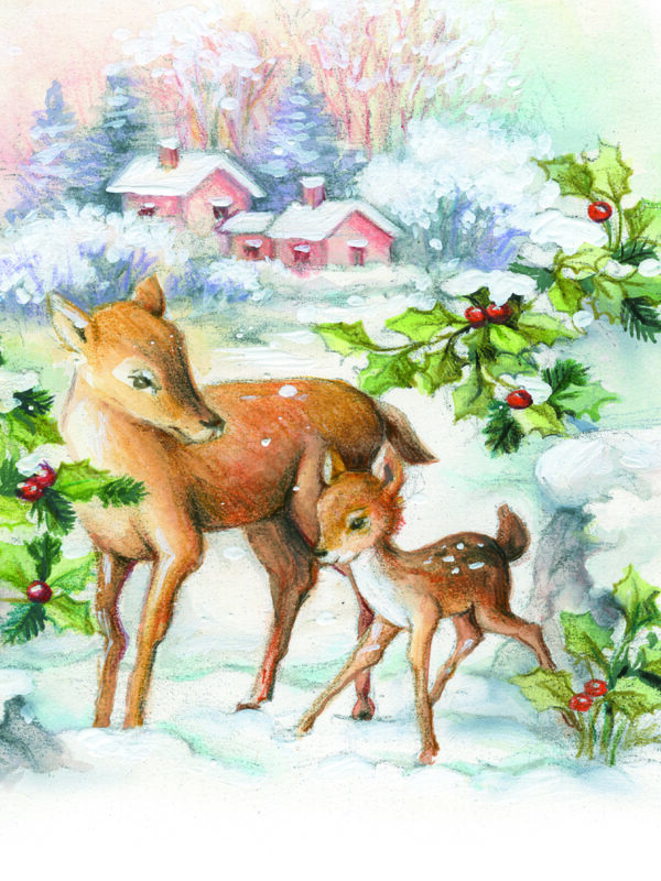 Two deer stand in a snowy landscape, surrounded by holly and a backdrop of pink houses and trees, evoking a festive scene