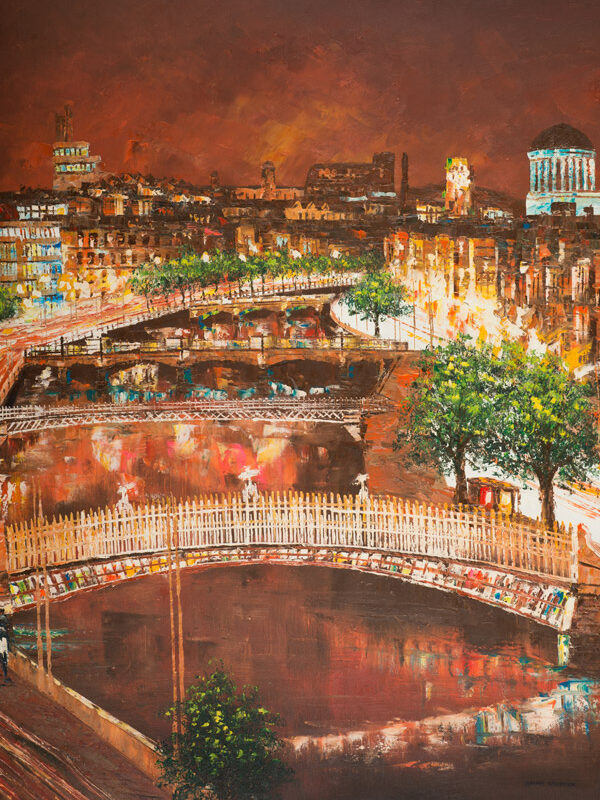 Vibrant painting of Dublin’s bridges at night, featuring illuminated buildings, trees, and reflections in the water