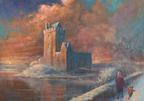 Dunguaire Castle stands by a calm river at sunset, surrounded by colorful clouds, with two figures walking along the shore