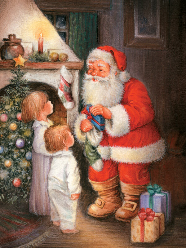 Father Christmas in a red suit hands a gift to two children by a decorated Christmas tree and a cozy fireplace