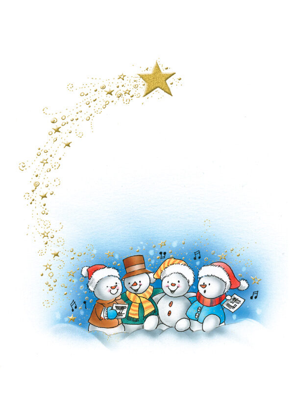 Four cheerful snowmen in winter hats sing together under a golden star, surrounded by musical notes and sparkles