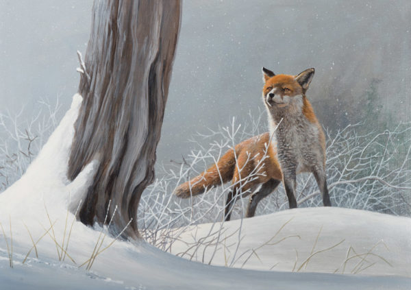 A fox stands in a snowy landscape, near a tree, surrounded by frosty branches and soft falling snowflakes