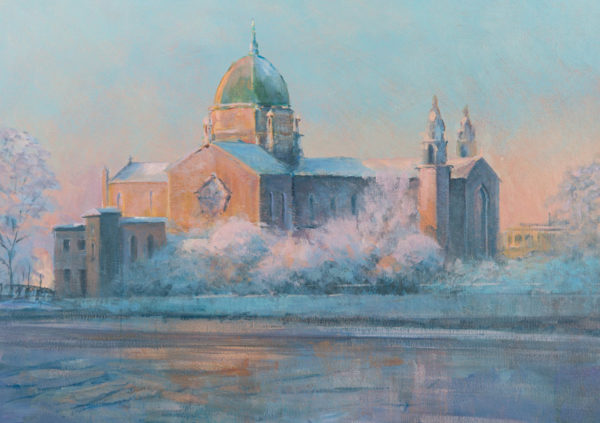 Snow-covered Galway Cathedral stands beside a tranquil river, with soft pastel colors and a serene winter atmosphere