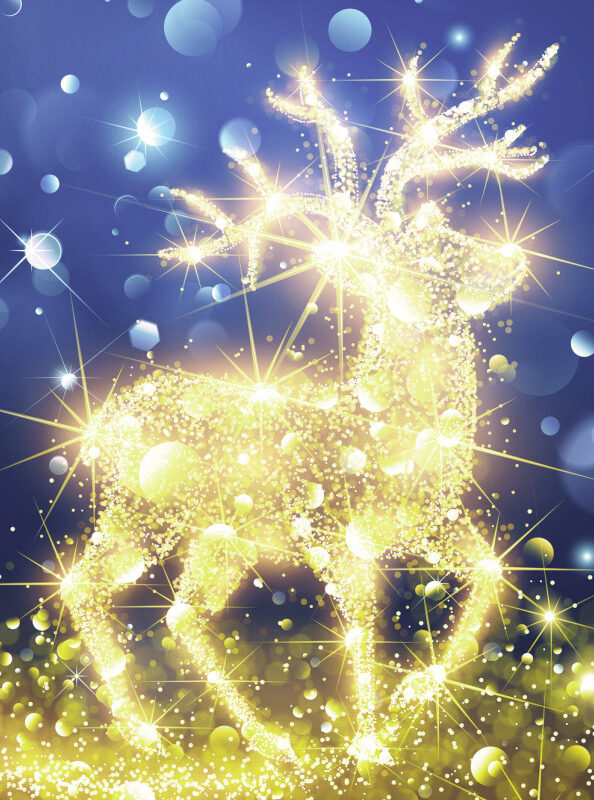 A shimmering golden reindeer surrounded by sparkling lights and soft blue and gold bokeh, perfect for a Christmas card
