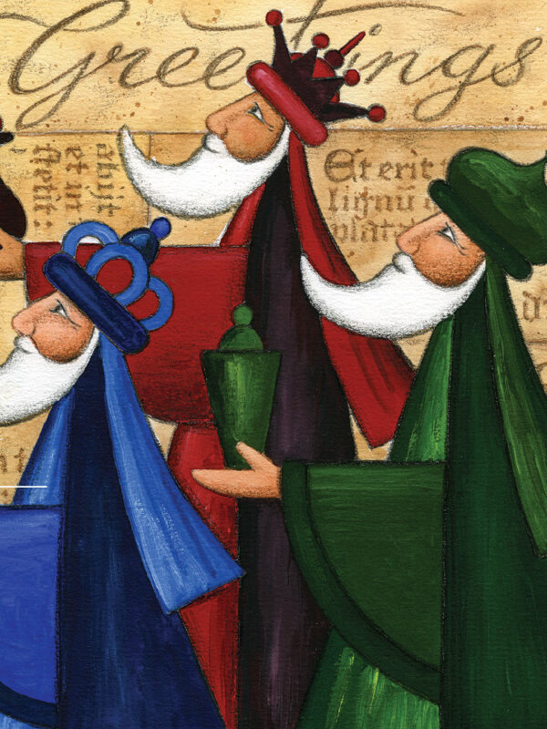 Three bearded figures in colorful robes and crowns, holding gifts, with "Greetings" text in the background
