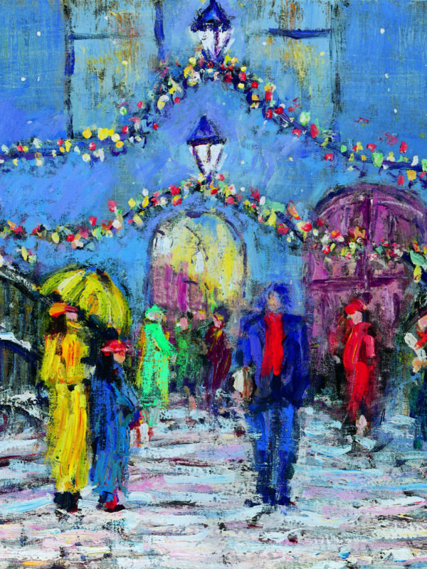 Colorful scene of Ha'penny Bridge at night, with people in vibrant clothing and festive decorations under lanterns