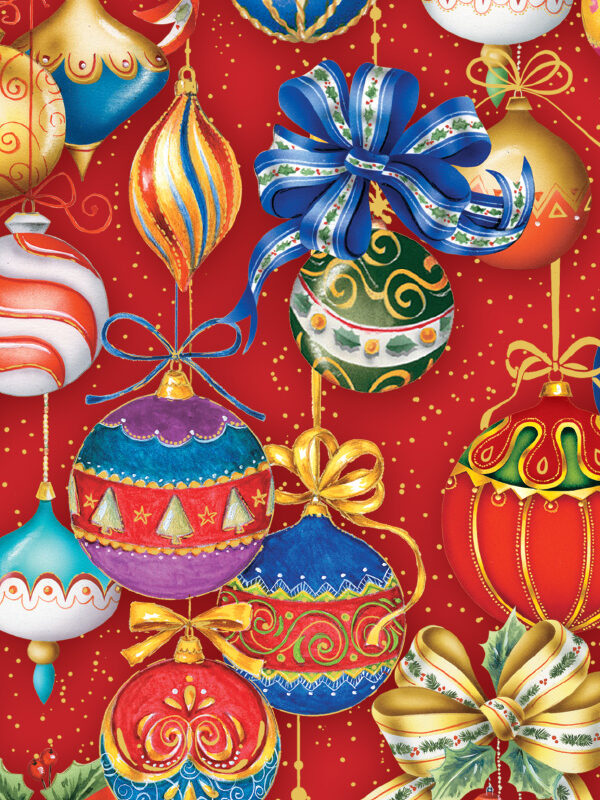 Colorful Christmas ornaments hang against a red background, featuring intricate designs and a large blue bow