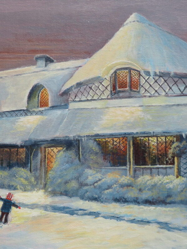 A snowy Swiss cottage at dusk, with a parent and child walking towards it, surrounded by frosted trees and warm lights