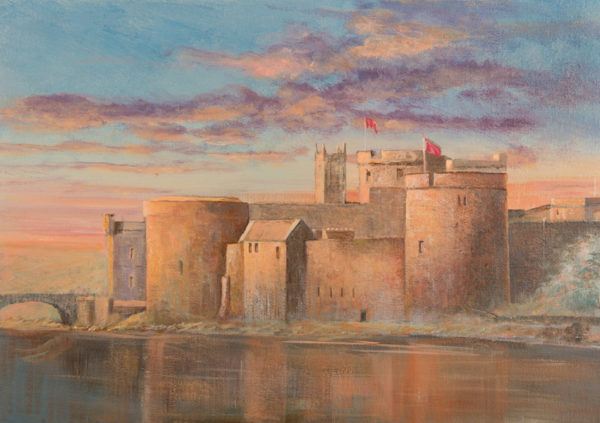 King John's Castle with stone walls, towers, and red flags, reflected in calm water under a colorful sunset sky
