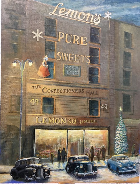 Historic sweet shop with festive decorations, vintage cars, and a Christmas tree in a snowy urban setting