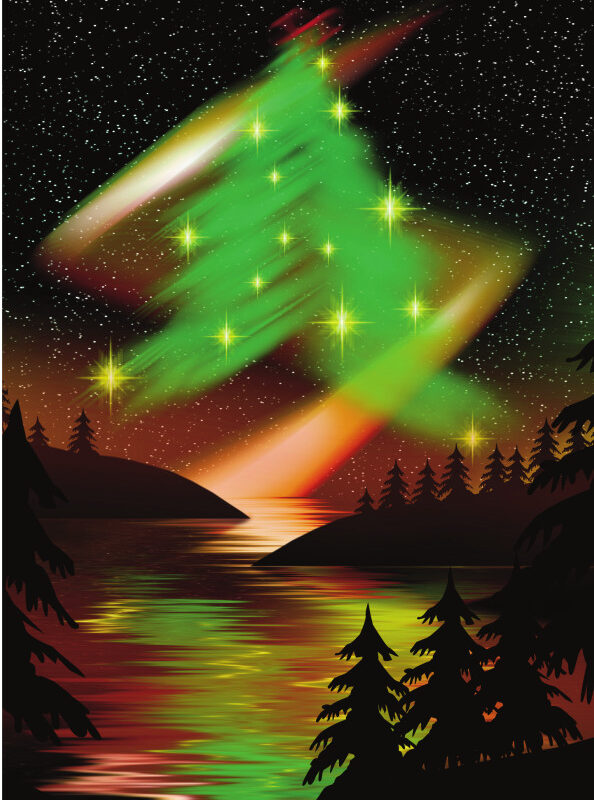 Swirling green Christmas tree with stars against a starry night sky, reflecting in a calm lake surrounded by dark silhouettes