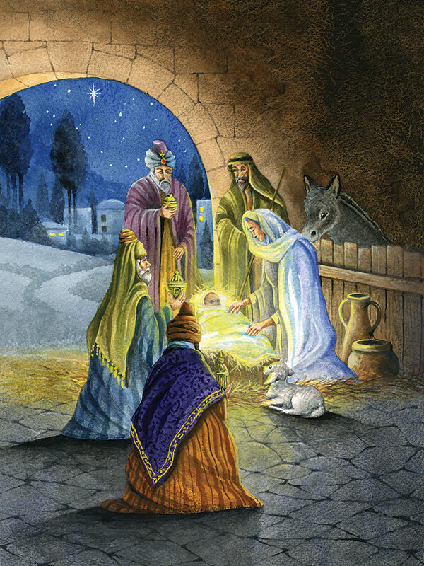 Five figures gather around a glowing manger in a stable, with a donkey peeking from behind a wooden fence