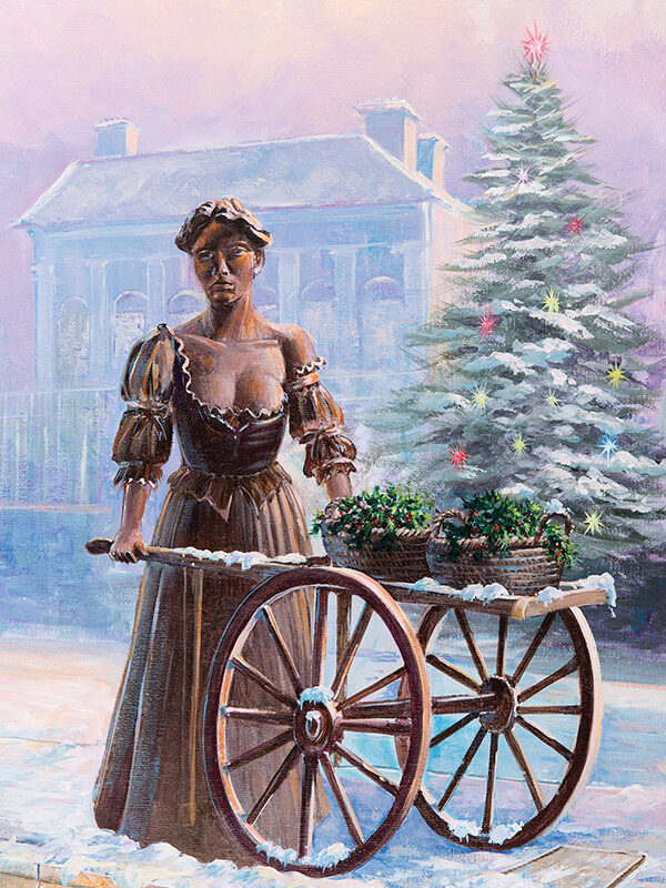 A woman in a brown dress stands beside a cart with plants, a snowy street, and a decorated Christmas tree in the background