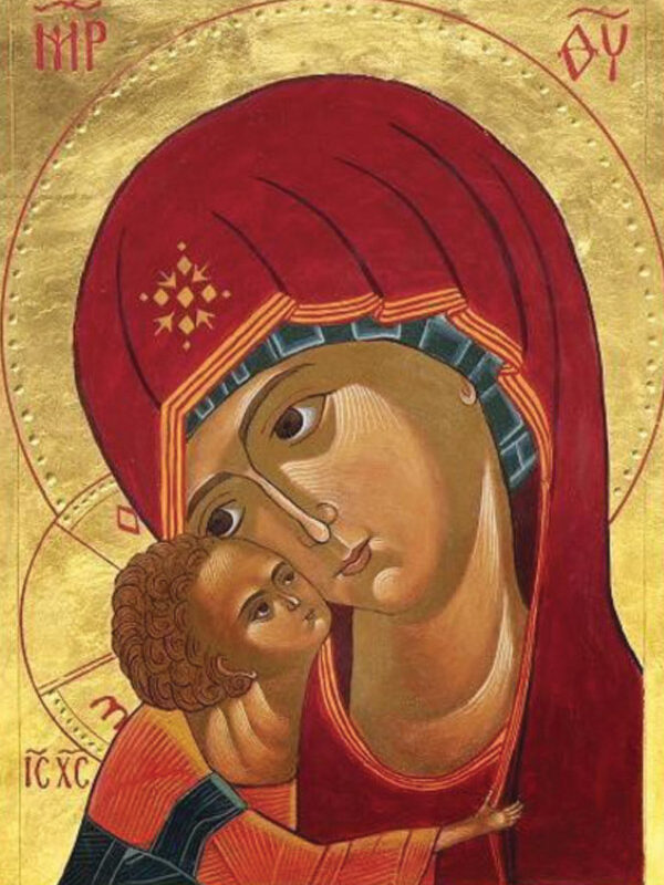 Icon depicting the Mother of God of Tenderness embracing the Christ child, set against a gold background