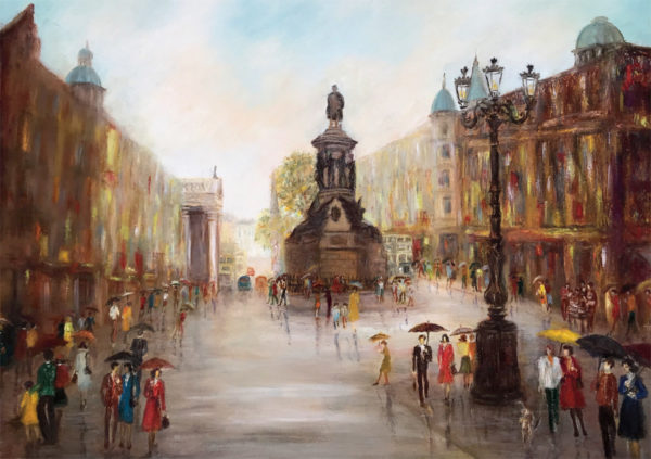 Bustling O’Connell Street, Dublin, with people in colorful attire and umbrellas, historic buildings, and a statue centerpiece