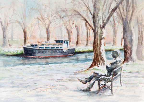 A seated figure in a chair watches a boat on a calm river, surrounded by bare trees and a soft winter landscape