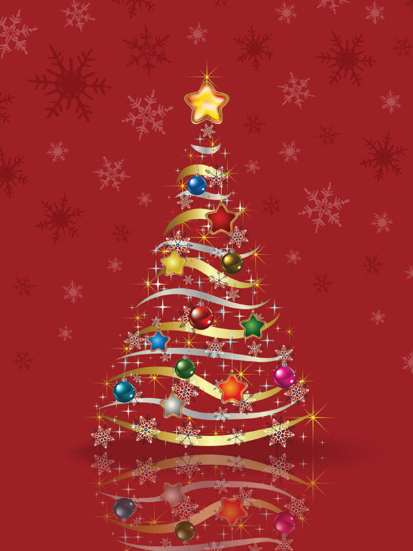 A festive red Christmas tree adorned with colorful ornaments and snowflakes against a deep red background, reflecting below