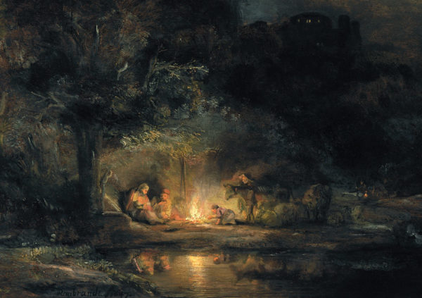 A group of figures gathers around a campfire by a tranquil pond, surrounded by trees and a dimly lit landscape