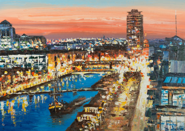 Vibrant painting of the River Liffey at sunset, with city lights reflecting on the water and a ship in the foreground
