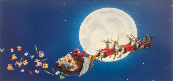 Santa in a sleigh filled with gifts, flying through a starry night sky with reindeer against a large full moon