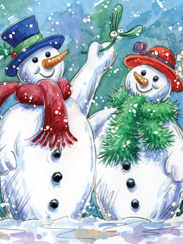 Two cheerful snowmen in colorful hats and scarves hold mistletoe, surrounded by falling snowflakes in a winter scene