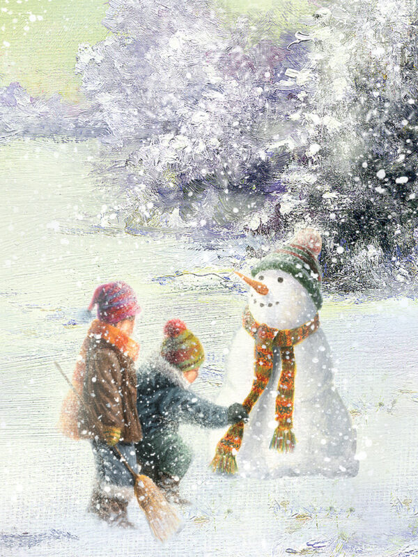 Two children in winter clothing decorate a snowman with a scarf and hat, surrounded by falling snow and a snowy landscape