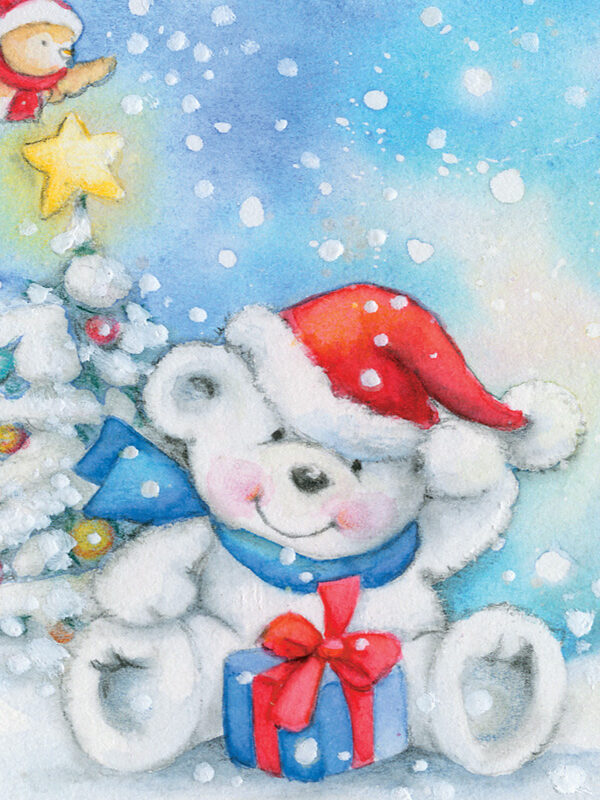 A cheerful teddy bear in a Santa hat sits beside a decorated Christmas tree, surrounded by falling snowflakes and a gift