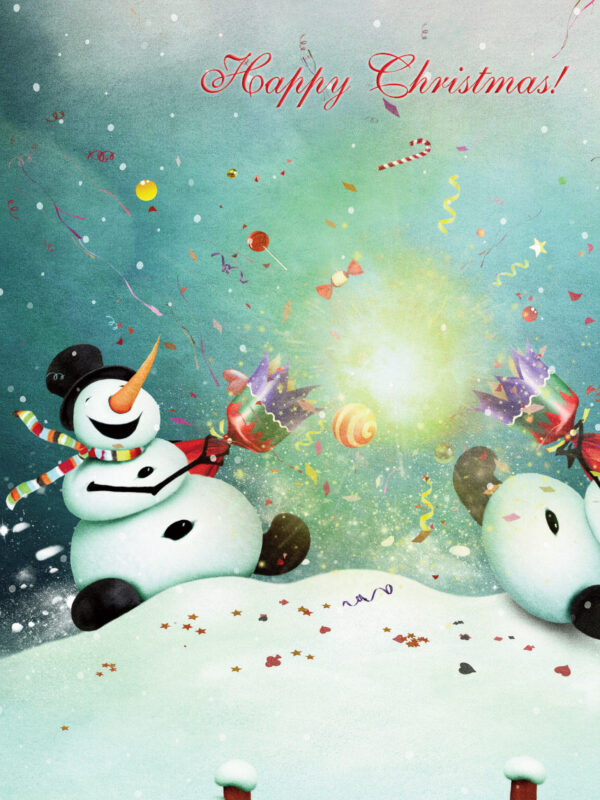 Two cheerful snowmen celebrate with colorful confetti and gifts, surrounded by a snowy landscape and "Happy Christmas!" text