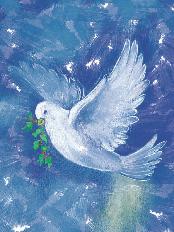 A white dove holding a sprig of holly flies against a textured blue background, symbolizing peace for The Dove Christmas Card
