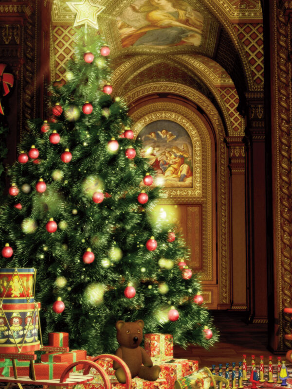 A decorated Christmas tree with pink ornaments, a teddy bear, and wrapped gifts in a festive room setting