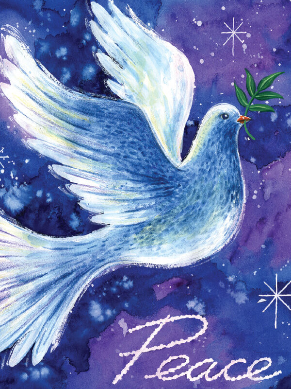 A blue dove with a green olive branch flies against a starry purple background, with the word "Peace" in white script