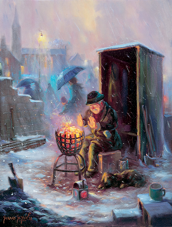 A man warms his hands by a fire in a snowy street, with umbrellas and a dog nearby, capturing a cozy winter scene for The Wat