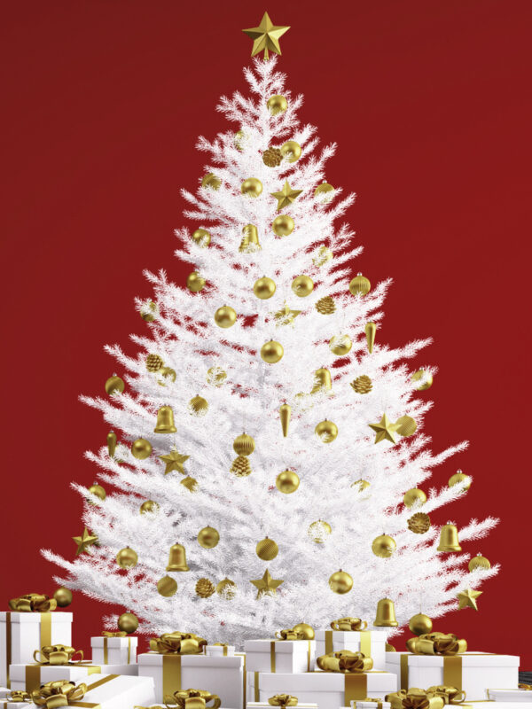 A white Christmas tree adorned with gold ornaments and a star on top, surrounded by white gift boxes with gold ribbons