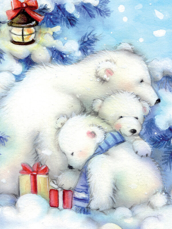 Three polar bears cuddle together in snow, surrounded by gifts and a lantern, creating a cozy Christmas scene